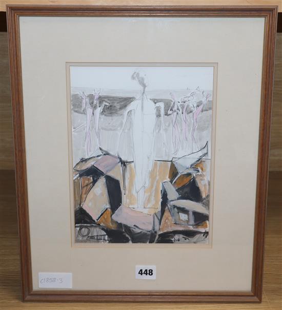 John Scarland, pencil and watercolour, Stylised figures in a landscape, 27 x 20cm